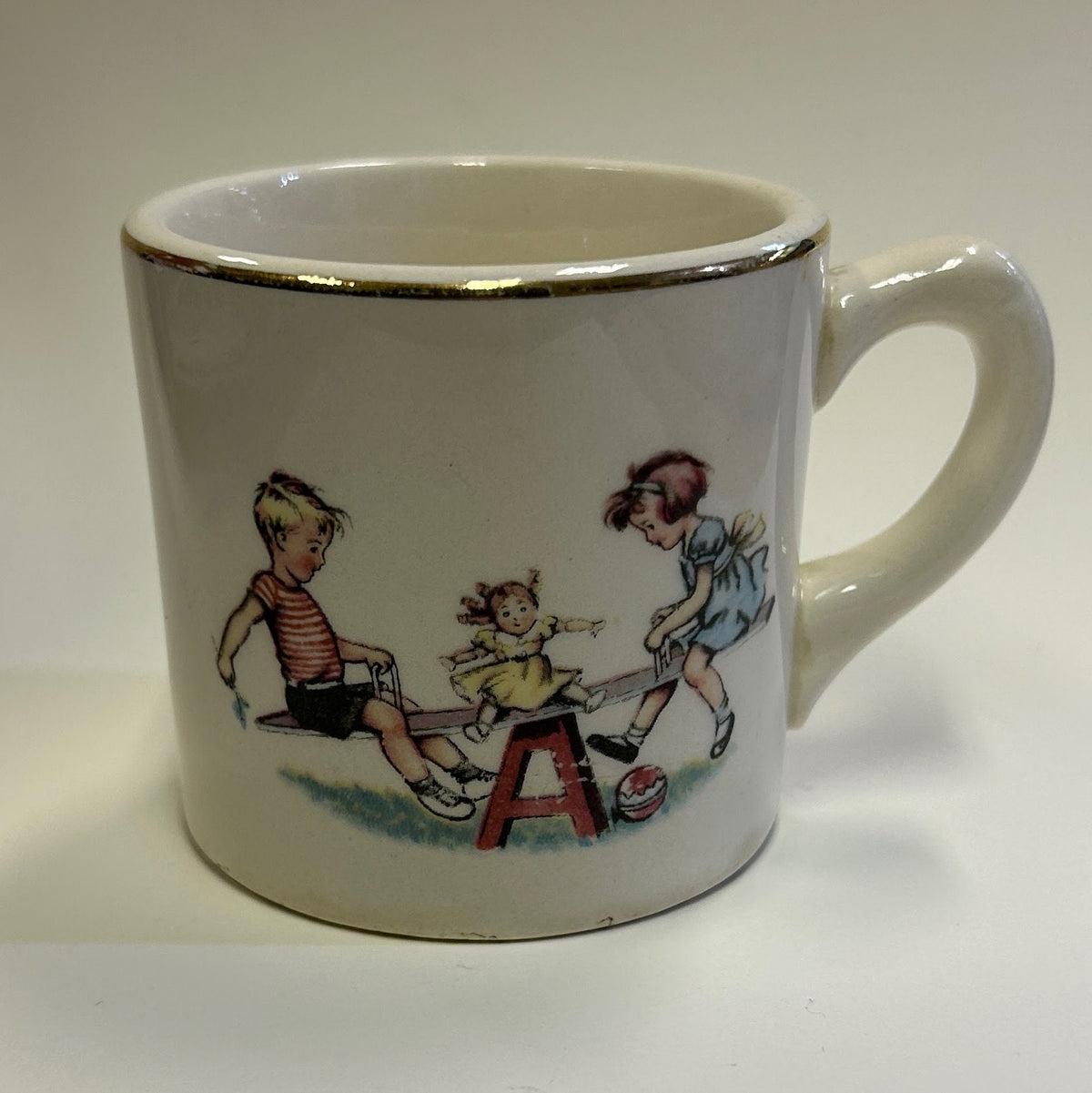 Children Playing on a Teeter Totter - Child's Mini Mug 1940s - Very Dick and Jane Look - Compliments of Bings Furniture - give away premium