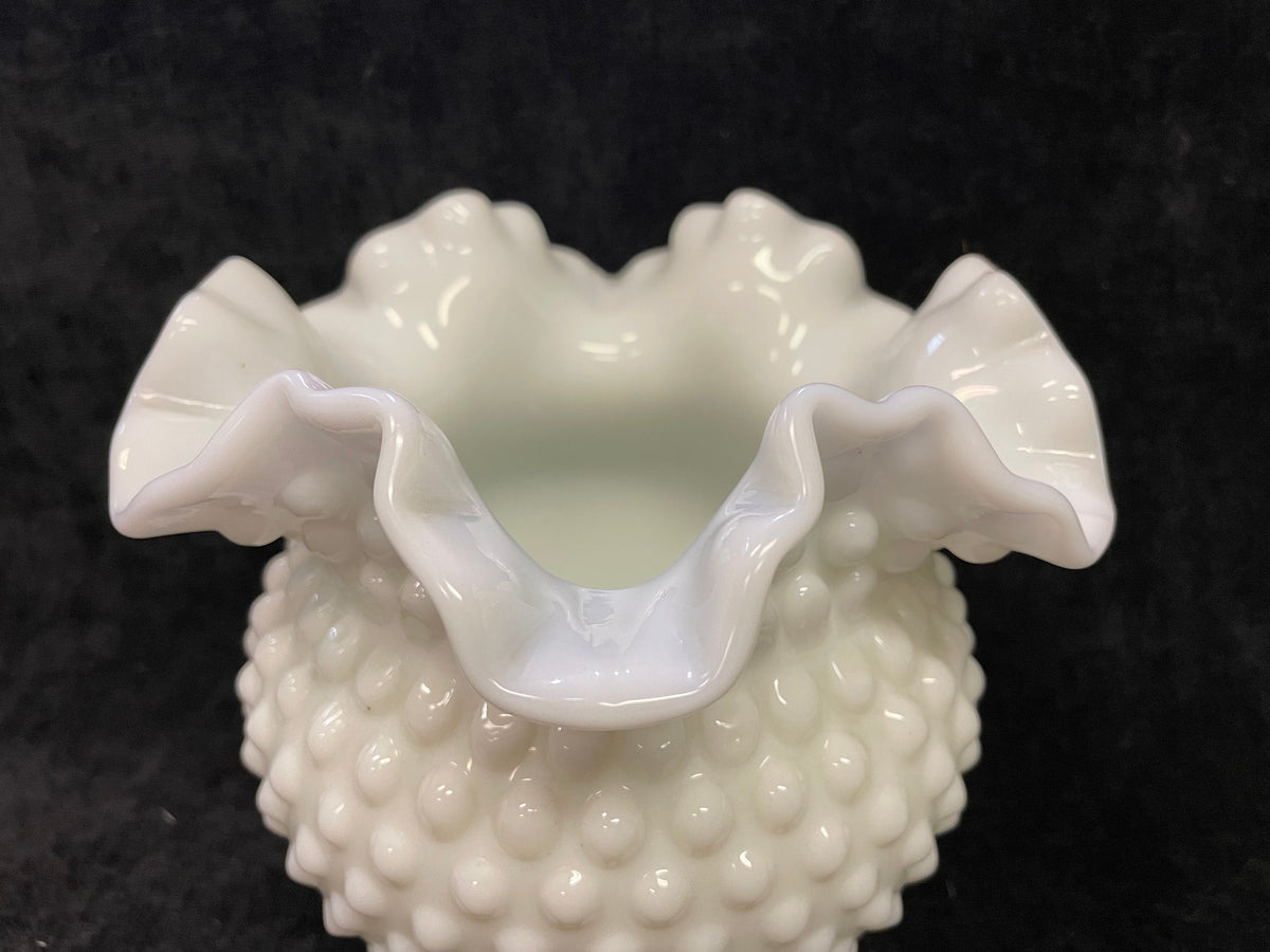 Fenton Milk Glass Vase - Double Ruffle White Hobnail Ball Vase