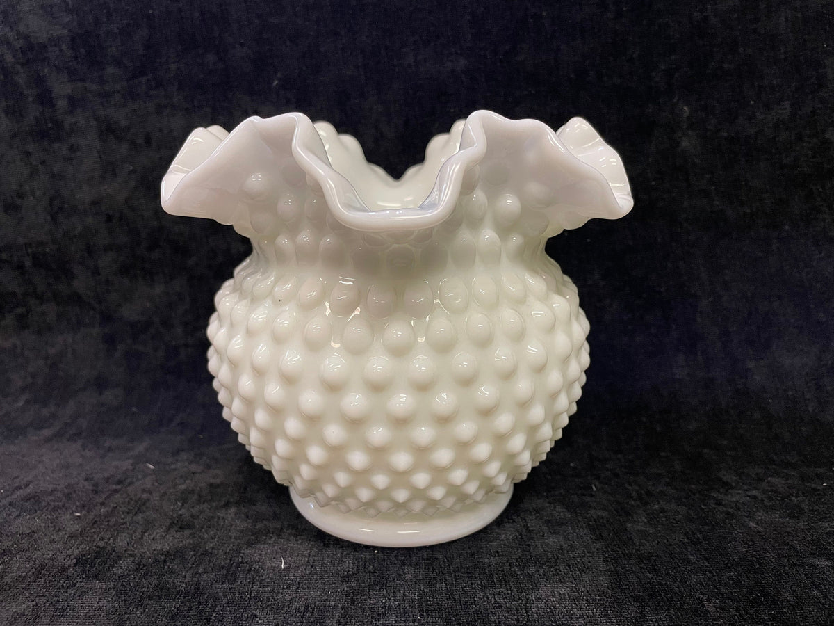 Fenton Milk Glass Vase - Double Ruffle White Hobnail Ball Vase
