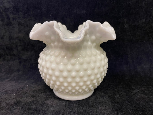 Fenton Milk Glass Vase - Double Ruffle White Hobnail Ball Vase
