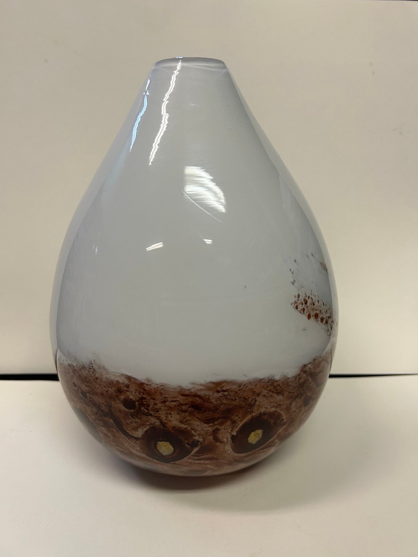 Mouthblown Glass Vase With Mottled Brown Base moving up to a slender White Top- Vintage 1970s