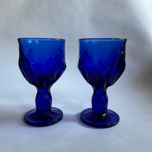 Tiffin Franciscan Mouth blown Cobalt Blue Goblet - Vintage Franciscan Glassware With Leaf Pattern - 2 sold individually