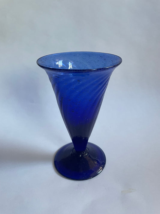 Hand Blown Swirled Cobalt Blue Fluted Glass - Fluted Wine Glass - Fluted Art Glass - Fluted Vase Glass - Lots of Bubbles in 5.2" tall Glass