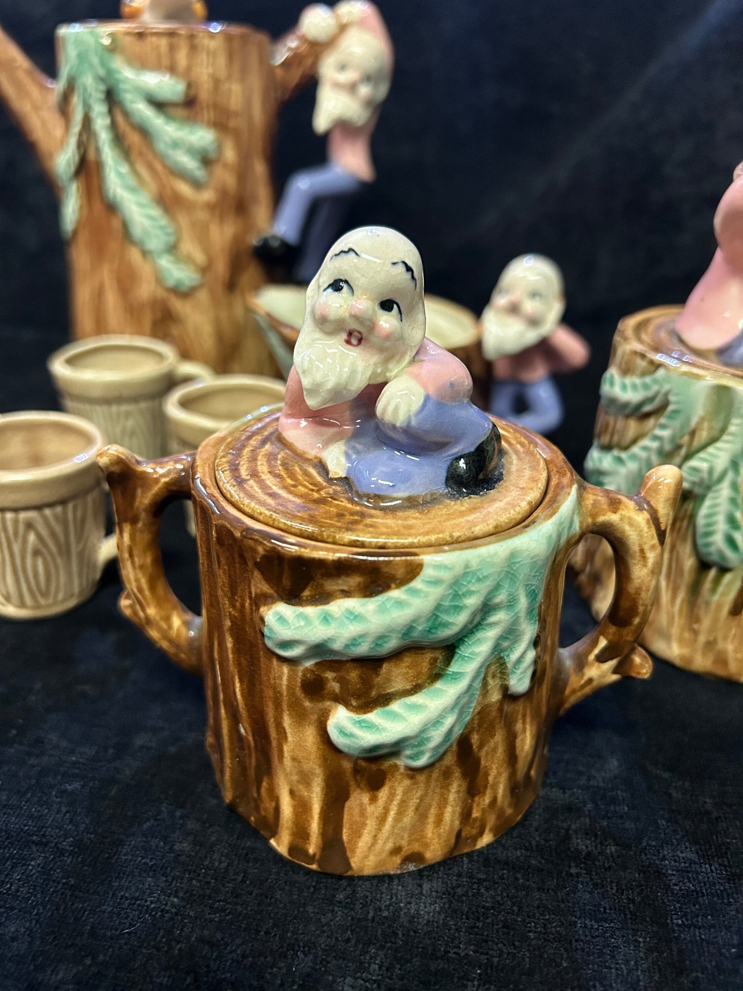 Gnome Tea Set, complete 11 Pieces - Mid Century Modern - Made in Japan - Handmade Pottery - Gnomes/Elves of the Forest - Adorable Vintage