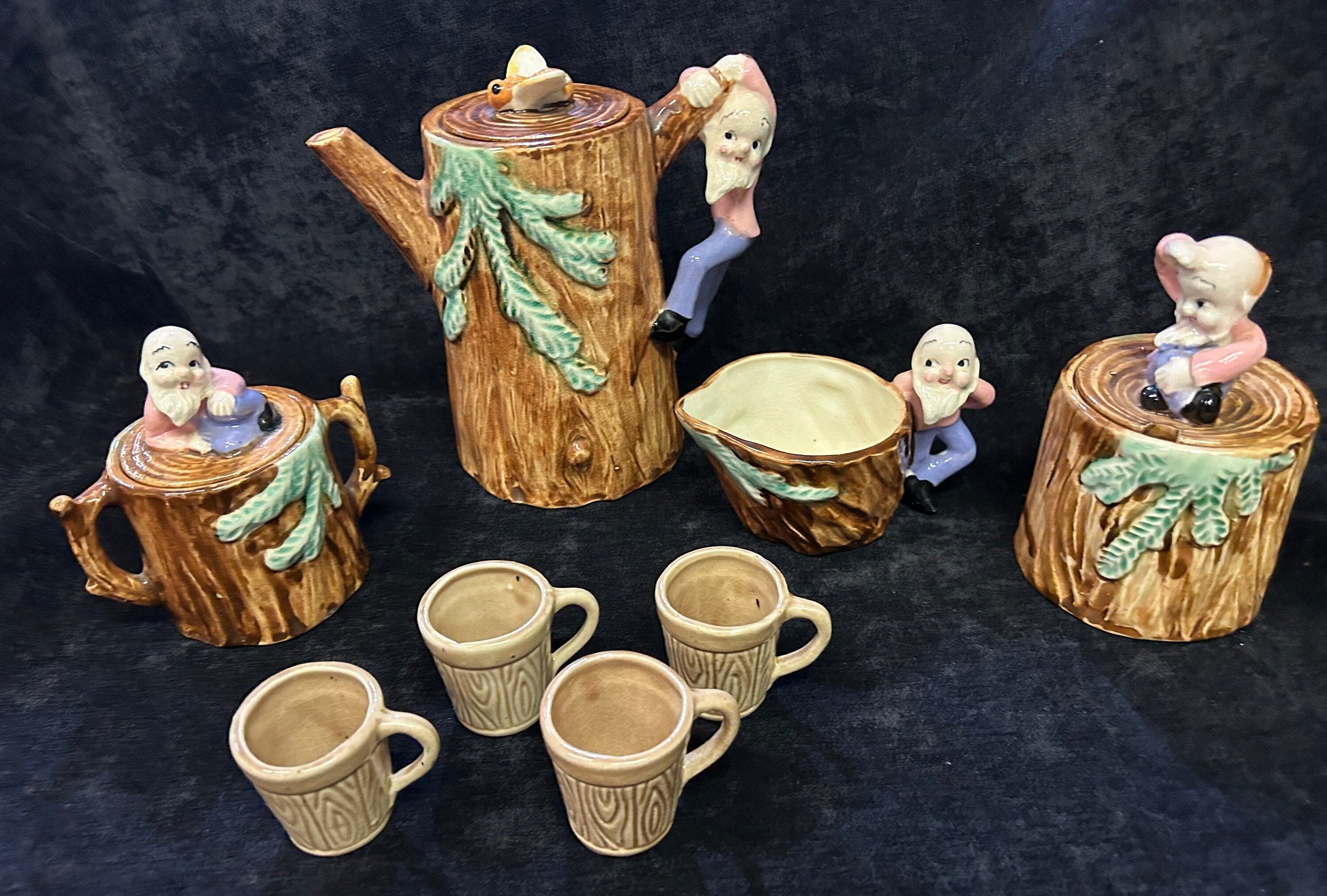 Gnome Tea Set, complete 11 Pieces - Mid Century Modern - Made in Japan - Handmade Pottery - Gnomes/Elves of the Forest - Adorable Vintage