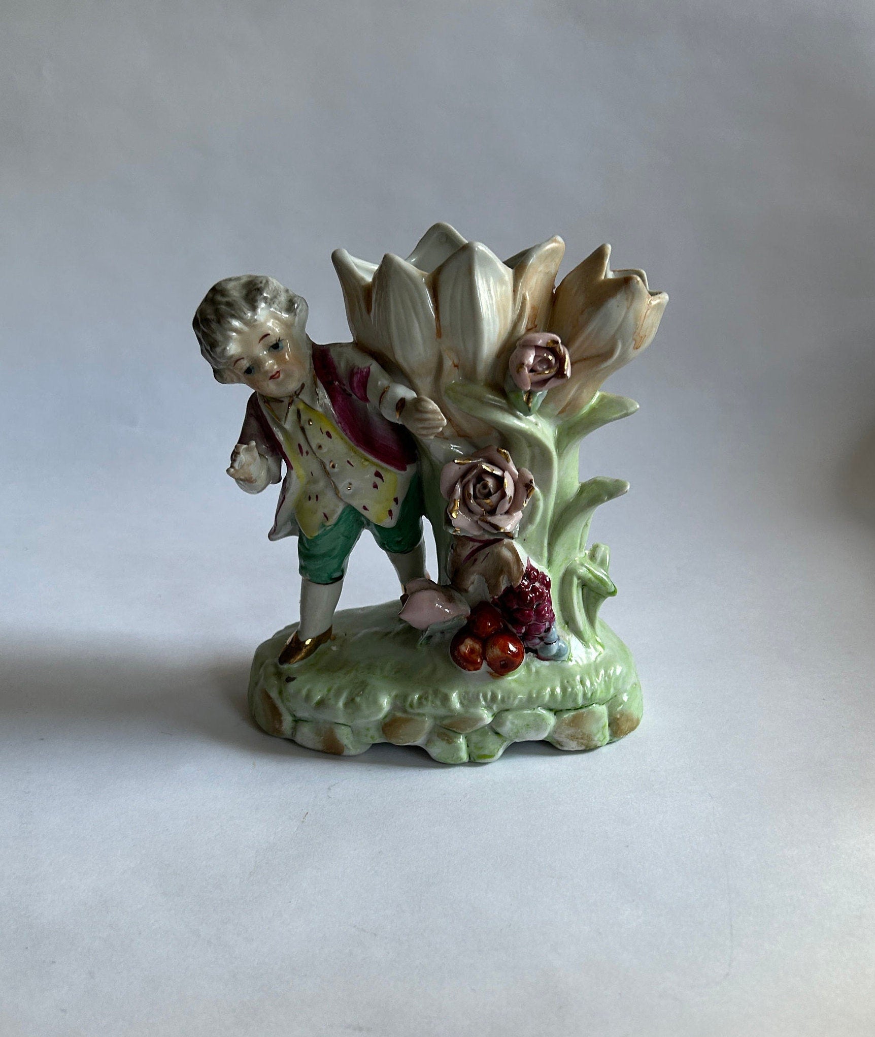 Charming Double Bud Vase With Victorian Dressed Boy, Fruit, and Flowers - Early 20th century figurine -