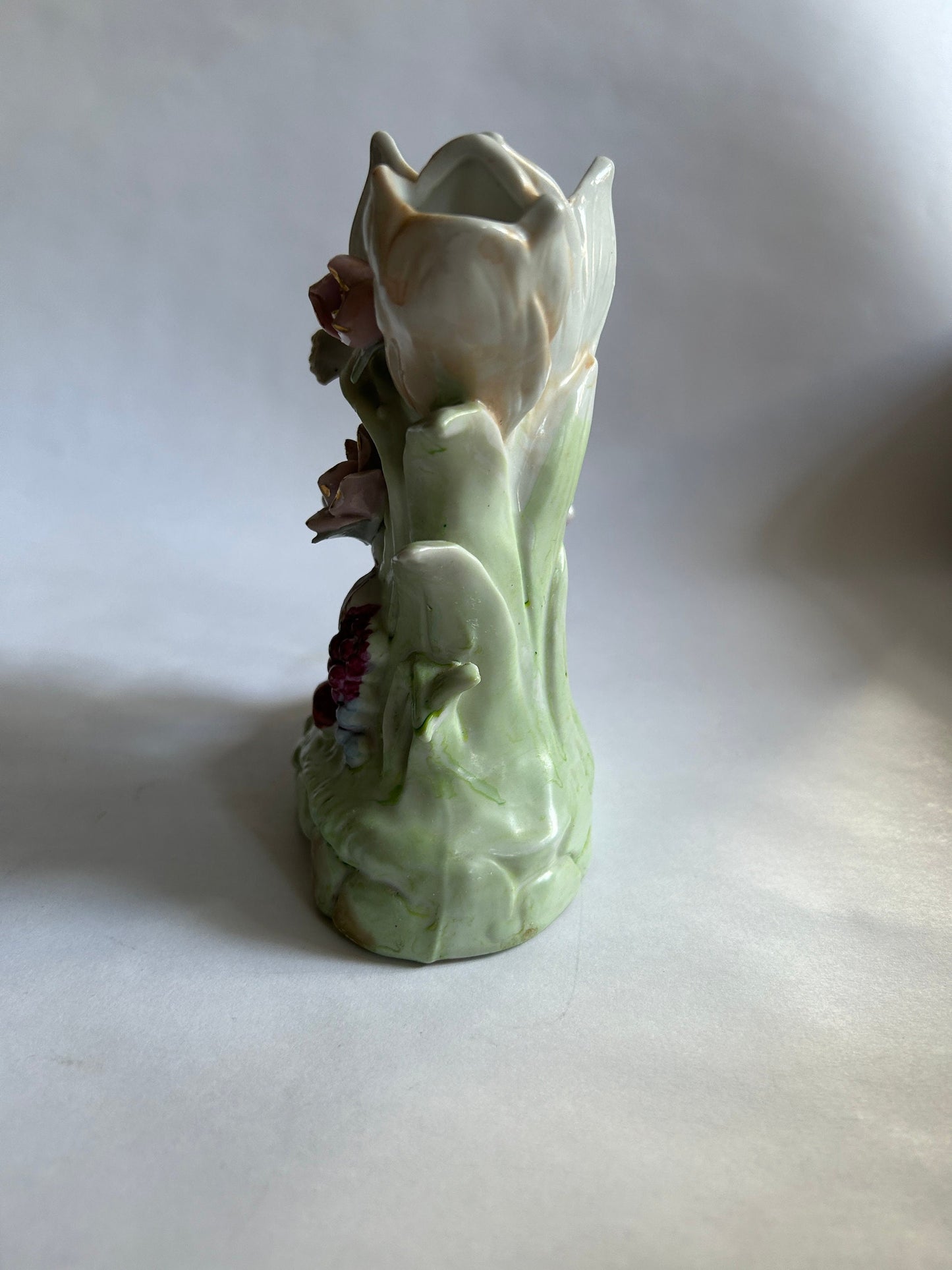Charming Double Bud Vase With Victorian Dressed Boy, Fruit, and Flowers - Early 20th century figurine -