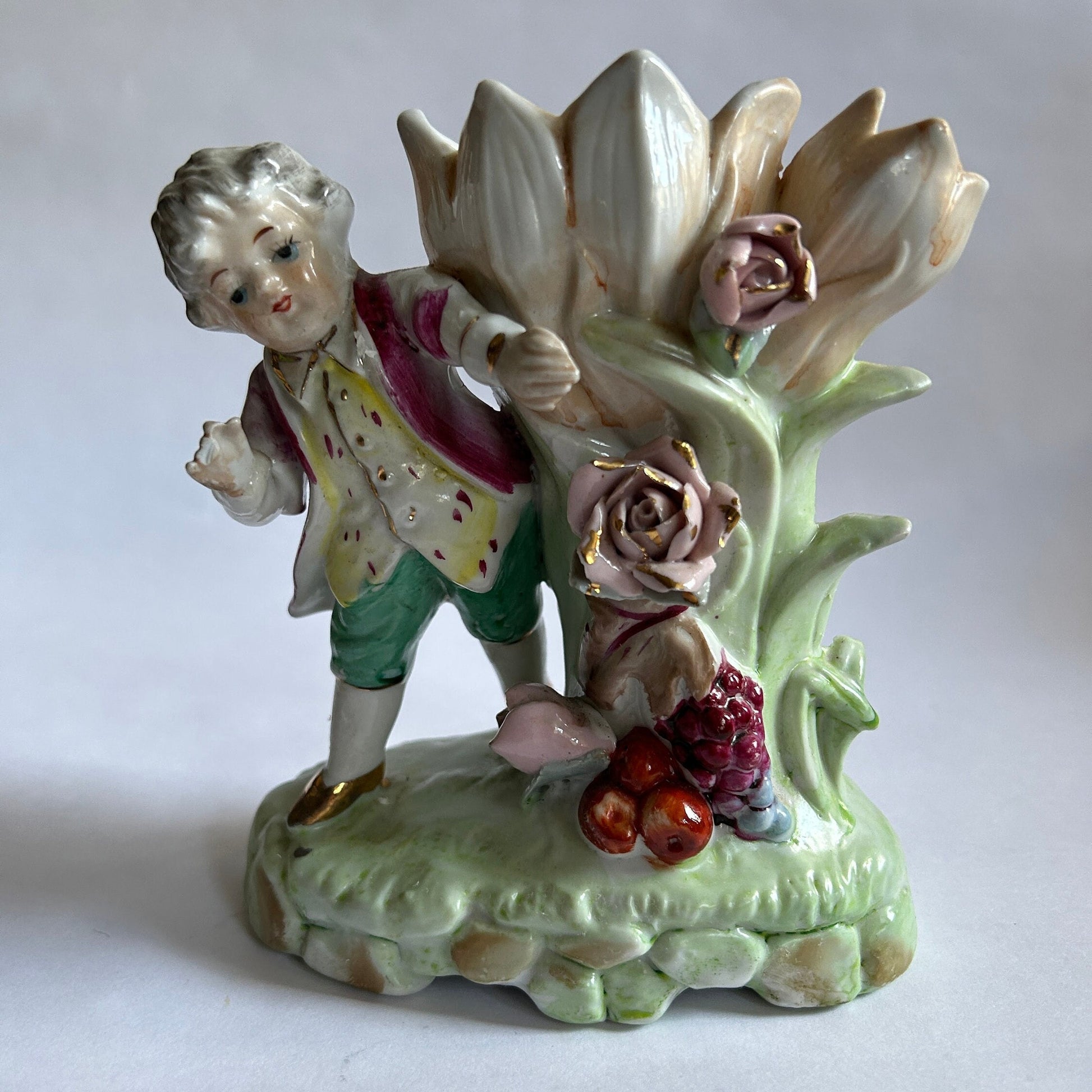 Charming Double Bud Vase With Victorian Dressed Boy, Fruit, and Flowers - Early 20th century figurine -