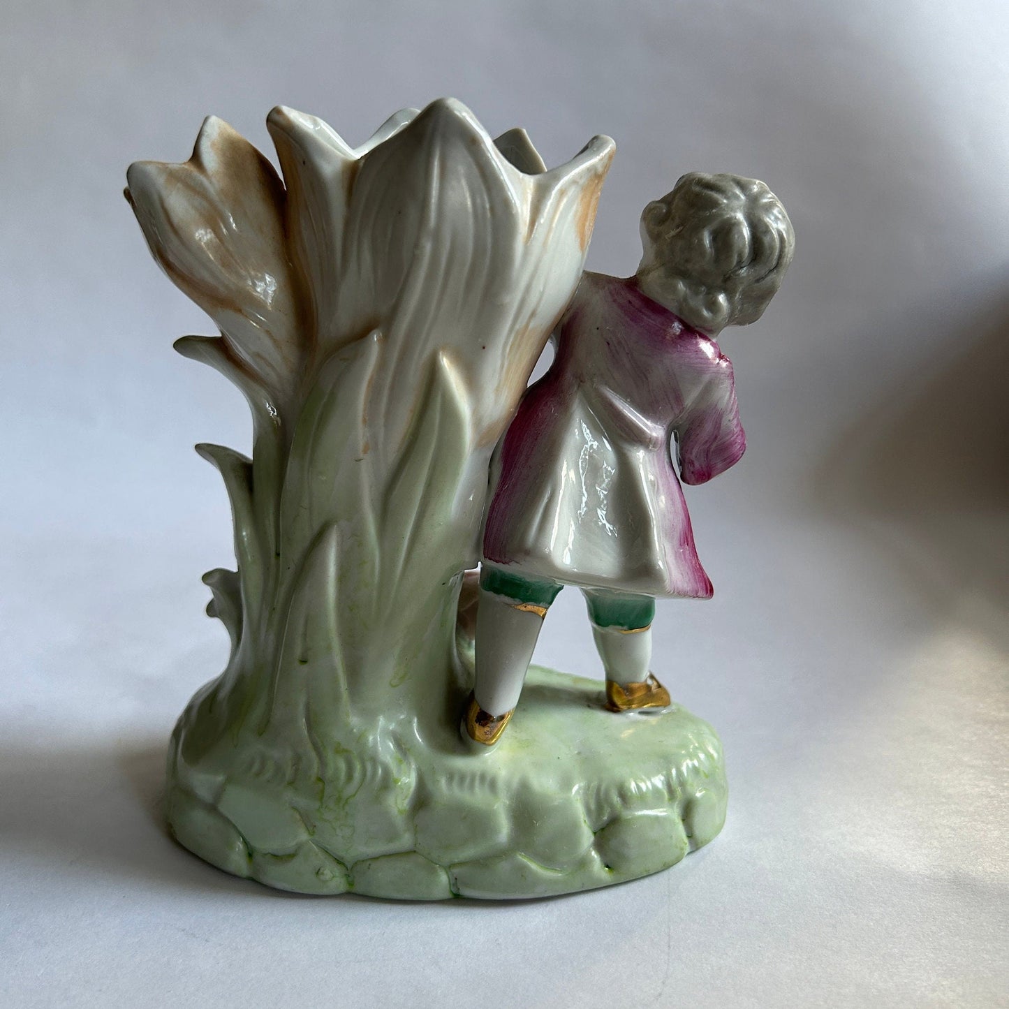 Charming Double Bud Vase With Victorian Dressed Boy, Fruit, and Flowers - Early 20th century figurine -