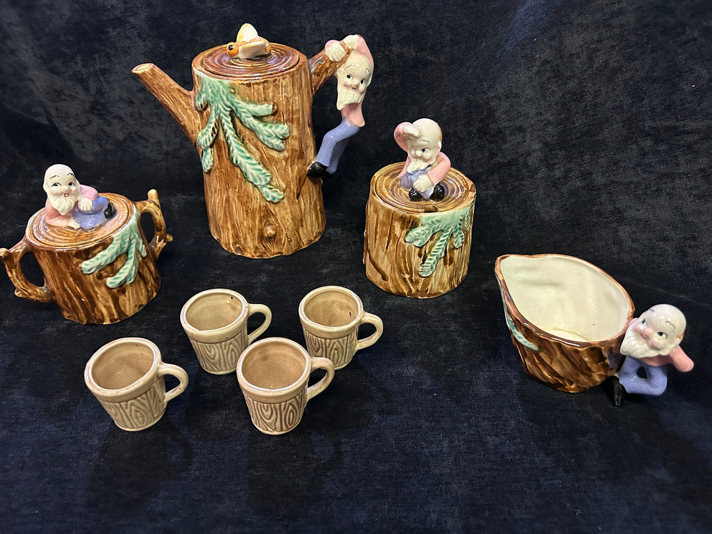 Gnome Tea Set, complete 11 Pieces - Mid Century Modern - Made in Japan - Handmade Pottery - Gnomes/Elves of the Forest - Adorable Vintage