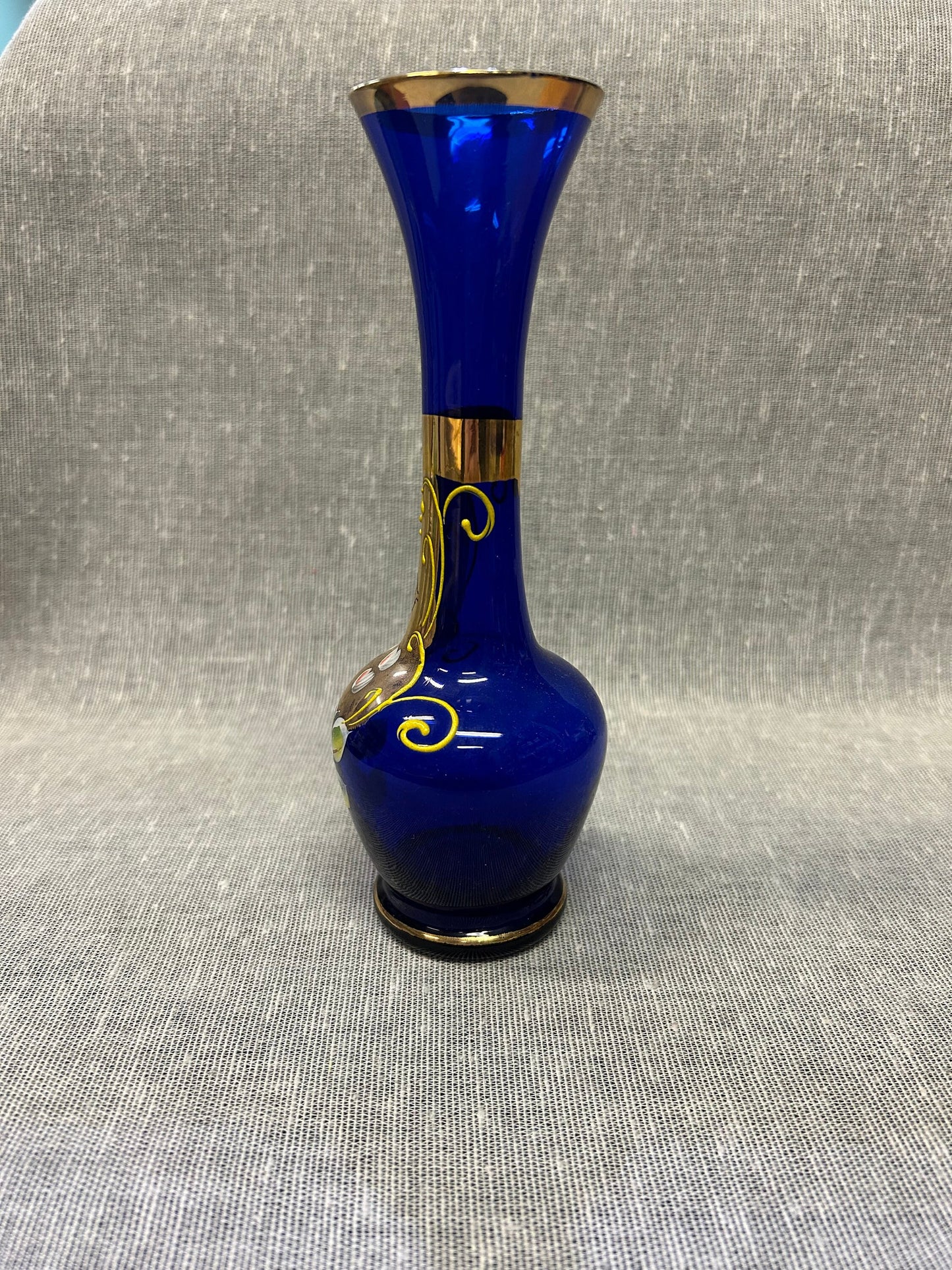 Cobalt Glass Hand-Painted Floral Bud Vase- Hand Painted- Cobalt Glass with Gold Gilt Paint