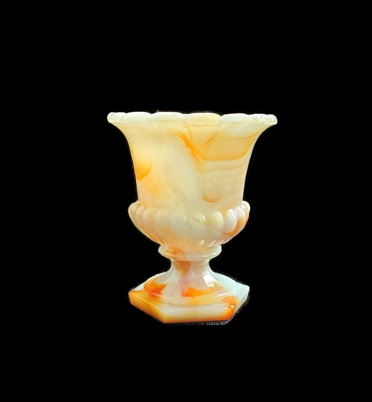 Slag Glass White/Orange Tiny Urn Shaped Container