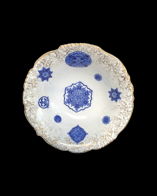 Flow Blue China Bowl with 14 K Gold Edging, James Kent Fenton - Osaka Pattern - 1913 - Very nice Victorian Bowl- Perfect ring bowl for bride