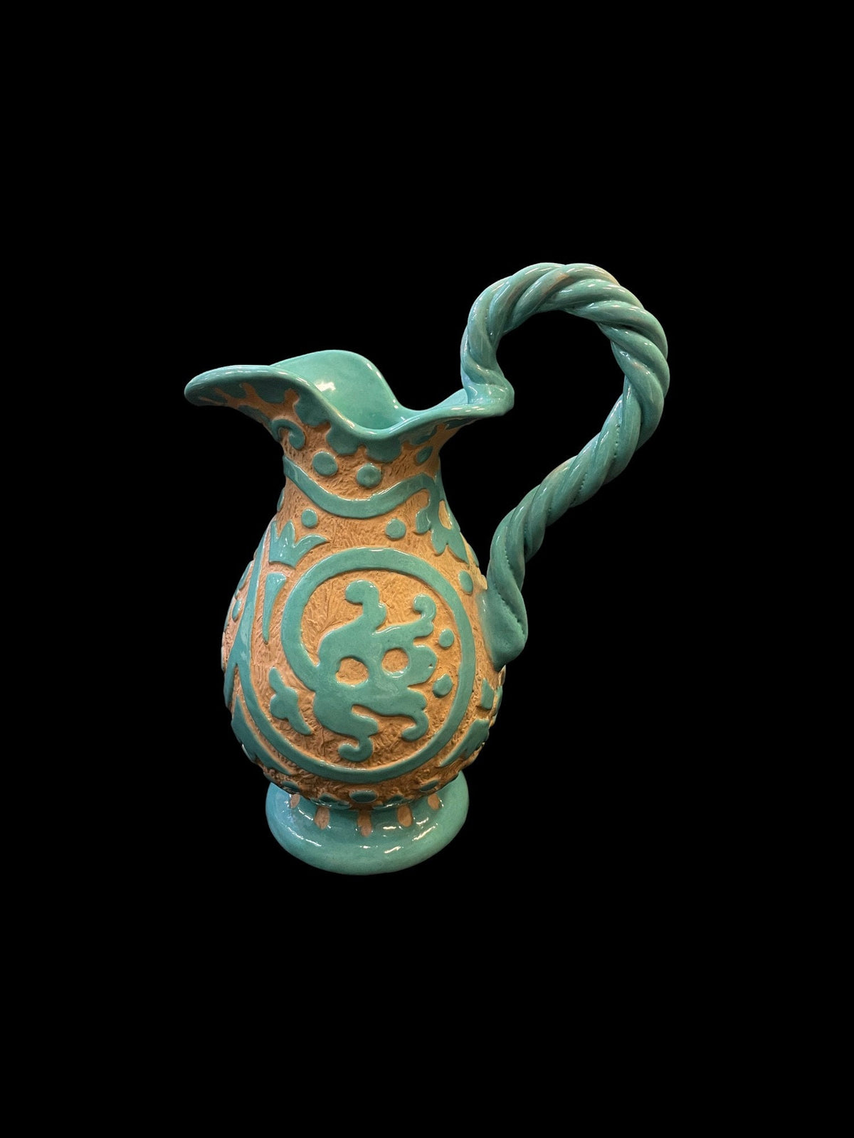 Large  Mid-Century Turquoise Sgraffito Style Pitcher with Twisted Handle - Peasant Valley - Italy