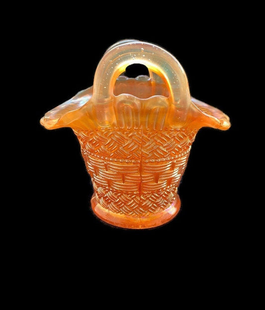 Dugan Orange Marigold Carnival Glass Beaded Basket - Vintage
