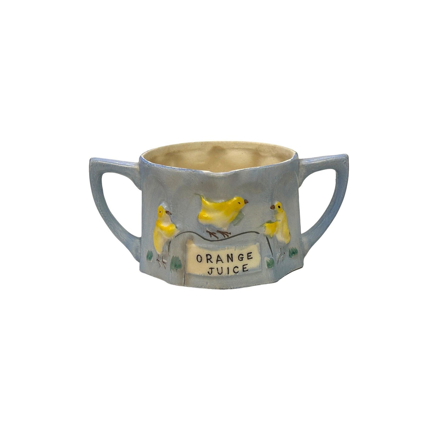 Hand Painted Orange Juice Cup - Antique Child's Cup - 1920s two Handled cup - Yellow Ducks - Early Tippy Cup