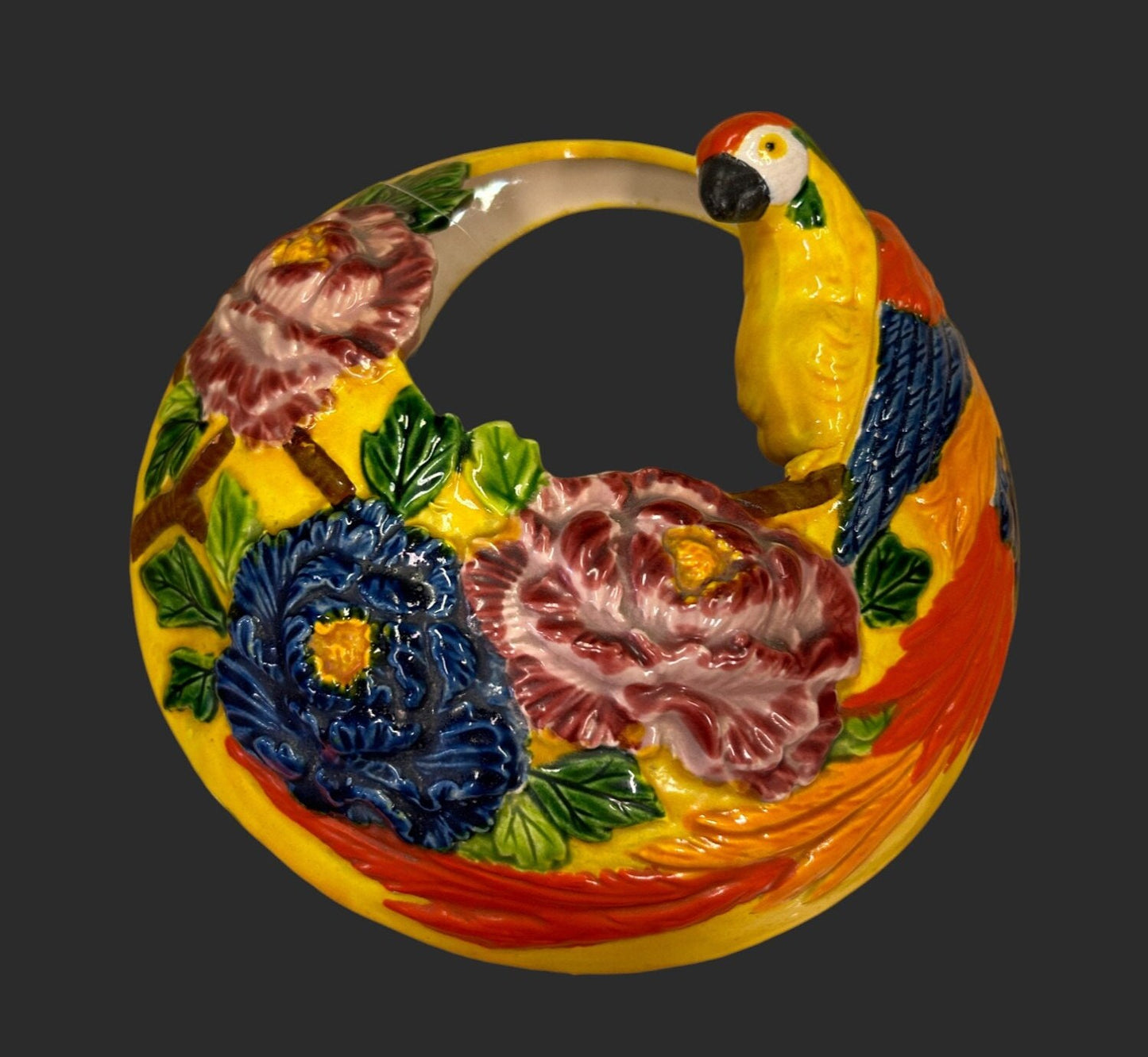 Parrot Wall Pocket With Large Flowers - Colorful Wall Pocket- Made in Japan - Suspends from ceiling or the Wall - Hang from Bracket or Chain