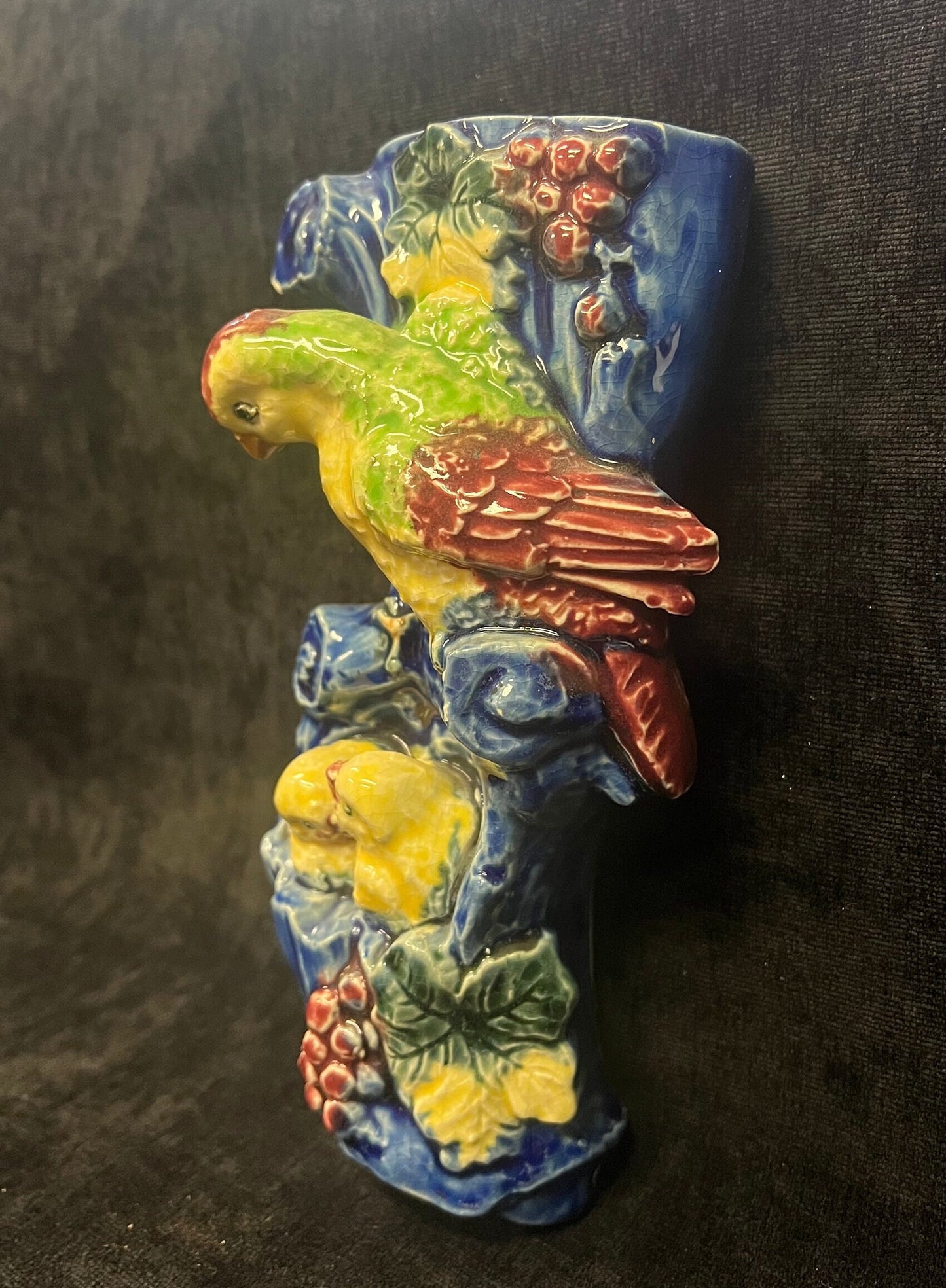 MidCentury Wall Pockets- Parakeet on Bunch of Strawberries - Colorful Finch on Blue Branch With Babies in Nest - 2 pockets, Sold Separately