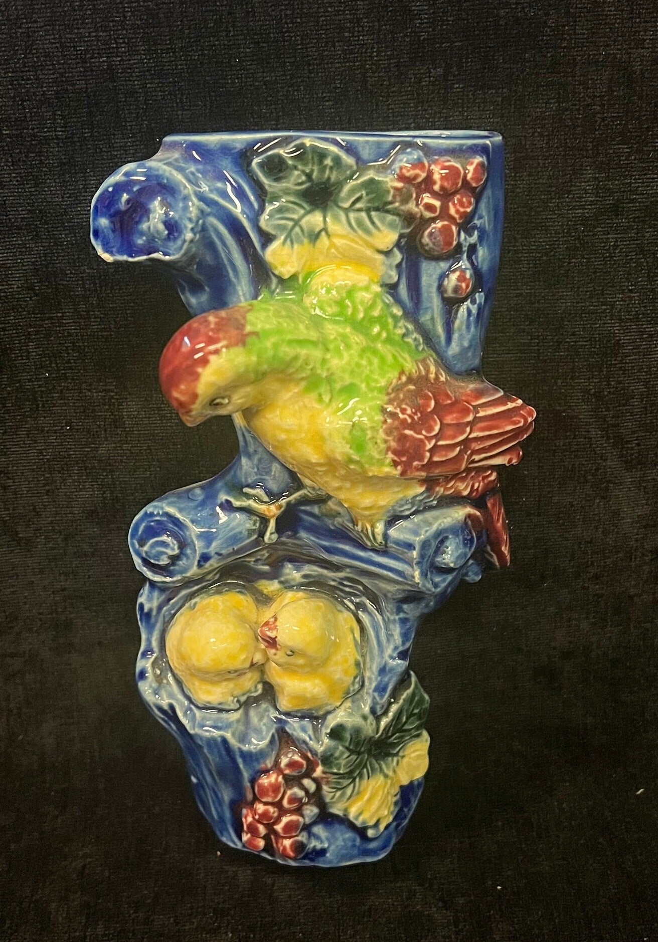 MidCentury Wall Pockets- Parakeet on Bunch of Strawberries - Colorful Finch on Blue Branch With Babies in Nest - 2 pockets, Sold Separately