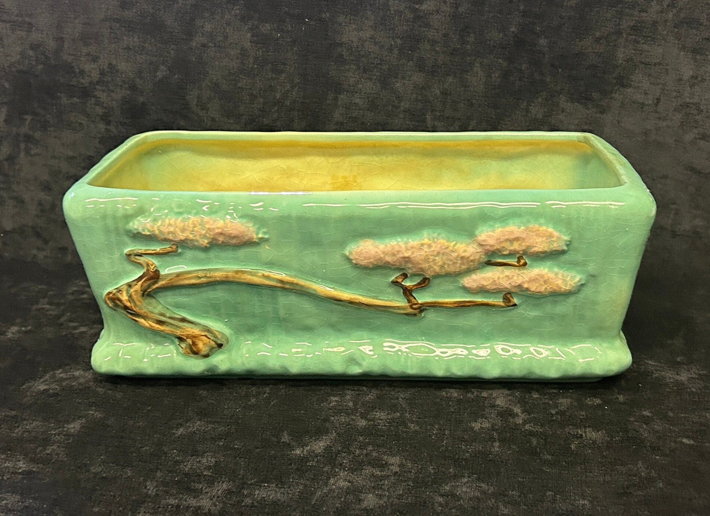 Roseville Pottery Ming Tree Planter 11" x 5" - 1949 Roseville  -Turquoise  with Pink Foliage on Tan Branches -Mid Century Art Pottery