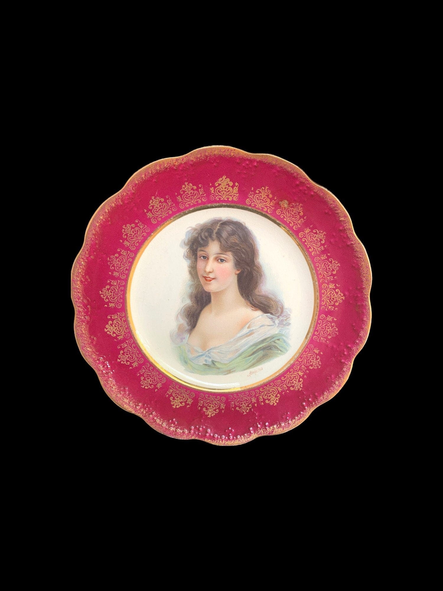 Dresden Amicitia Cabinet Plate with Brunette Woman with Maroon and Gold Rim