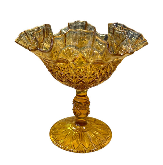 Fenton Virginia Glass- Compote Bowl- Fenton Honey Brown Crimped Ruffle Glass