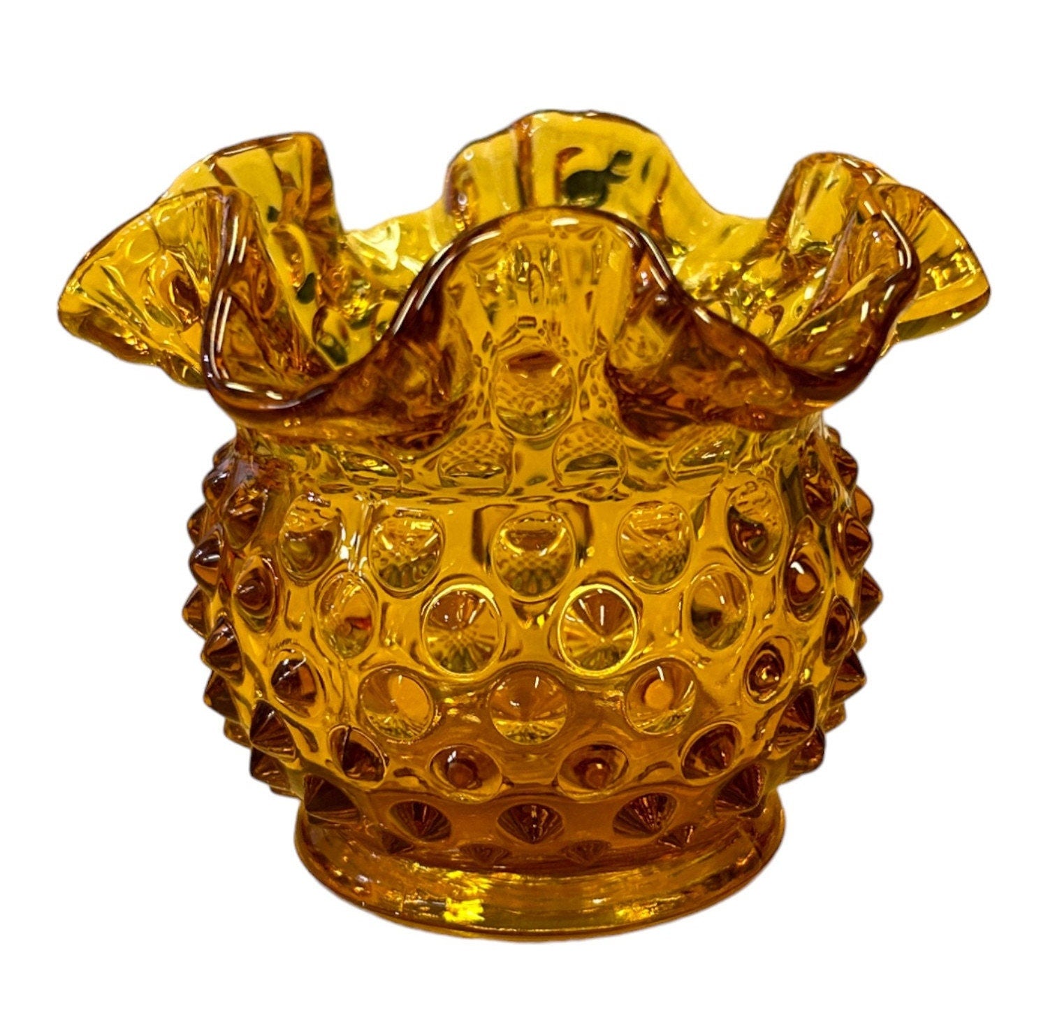 Fenton Honey Brown Ruffled Edge Hobnail Patterned  Small Vase