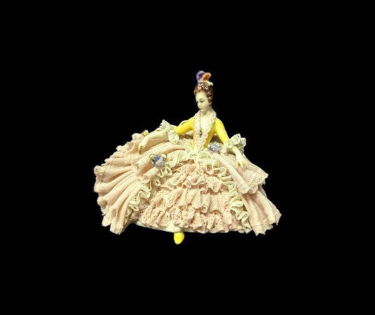 Dresden Porcelain Lace Figurine Sitting on Sofa