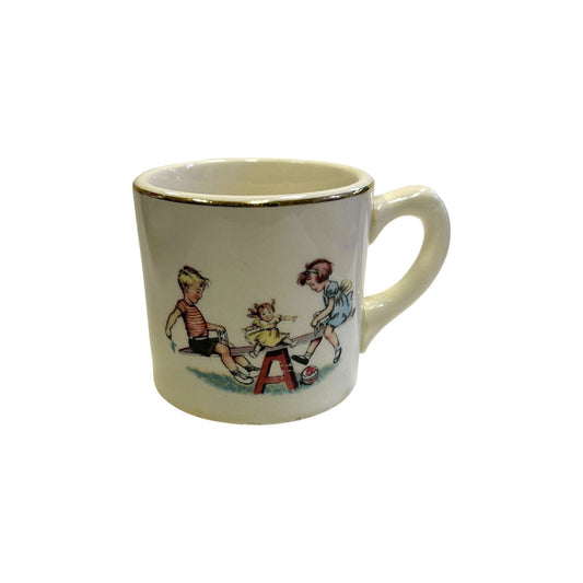 Children Playing on a Teeter Totter - Child's Mini Mug 1940s - Very Dick and Jane Look - Compliments of Bings Furniture - give away premium