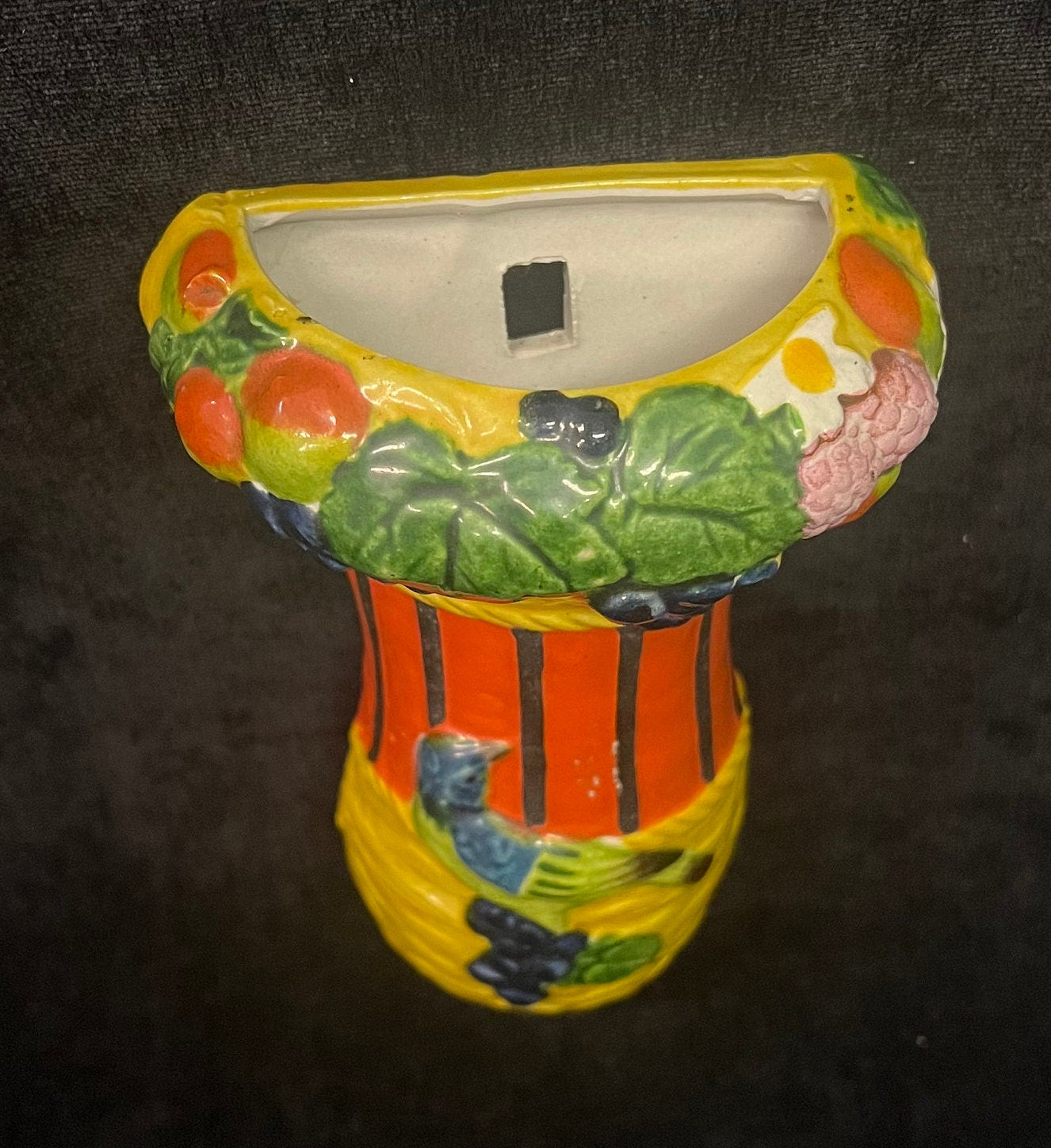 1950s Ceramic Wall Pocket with Grapes and Bird - Bright Hand Painted Wall Pocket - Kitchen wall Decor- Porch Wall Decoration