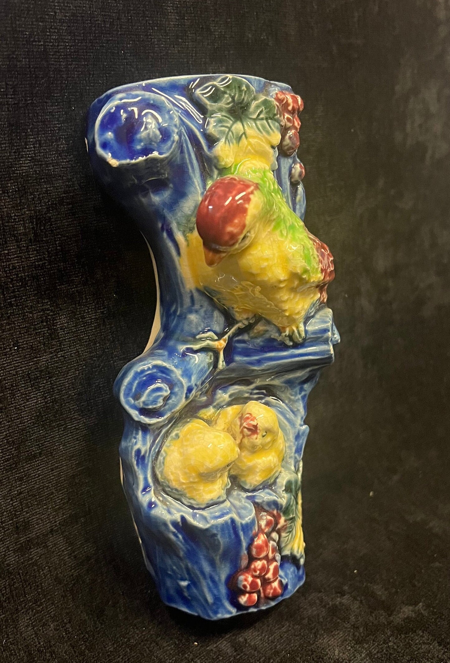 MidCentury Wall Pockets- Parakeet on Bunch of Strawberries - Colorful Finch on Blue Branch With Babies in Nest - 2 pockets, Sold Separately