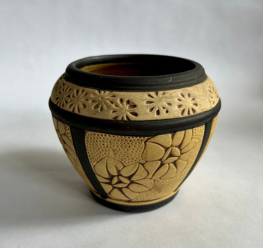 Weller Claywood Pattern Small Floral Jardiniere - Vintage 1908 - 1910 American Art Pottery - Rudolf Lorber Design - to Look Carved in Wood