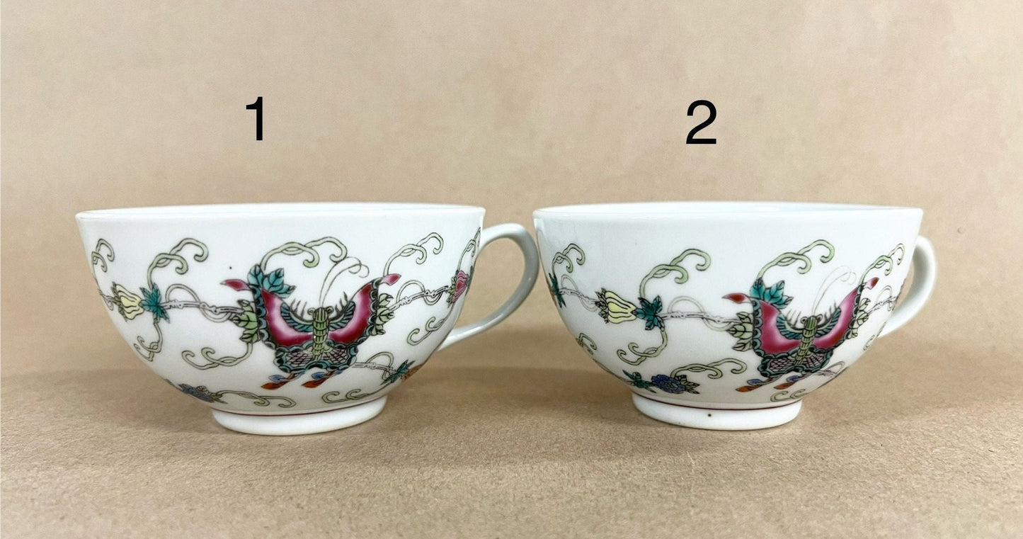 Hand-painted Jingdezhen 3 Teacups with handles With Butterfly Pattern - 3 available, Sold Separately - See photos for Condition