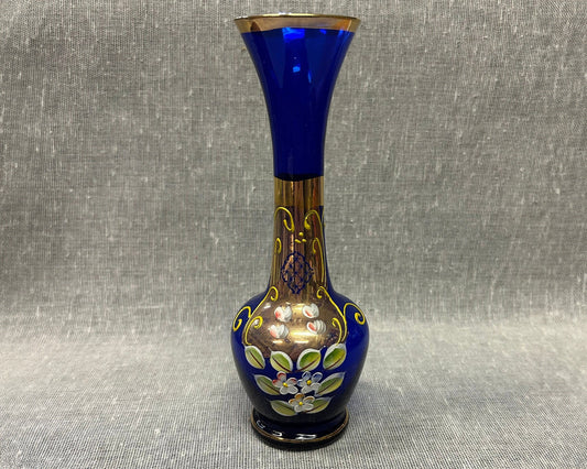 Cobalt Glass Hand-Painted Floral Bud Vase- Hand Painted- Cobalt Glass with Gold Gilt Paint