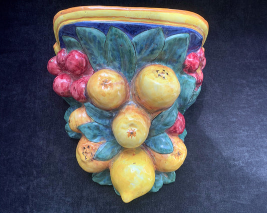 Italian Hand Painted Wall Planter with Lemon and Grape Design Signed D&G of Deruta Italy