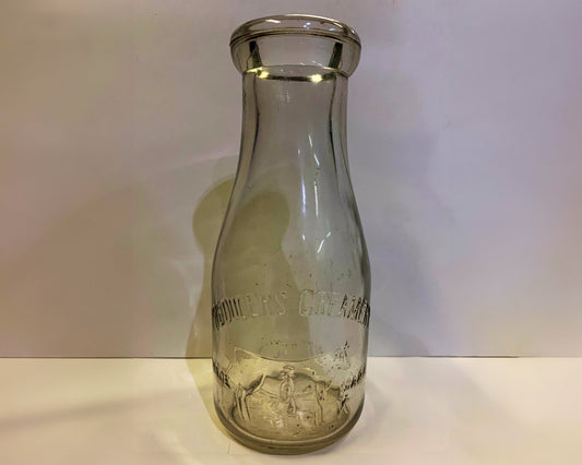 Rare Producer's Creamery Pint Milk Bottle, Early Bottle Design, Milkmaid with Cow Embossed design, Cow design Milk Bottle