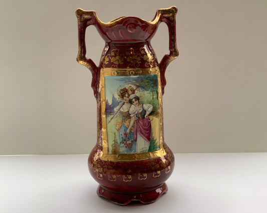 Magenta Majolica Vase with Two Women in the inset Design - Antique