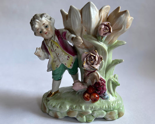 Charming Double Bud Vase With Victorian Dressed Boy, Fruit, and Flowers - Early 20th century figurine -