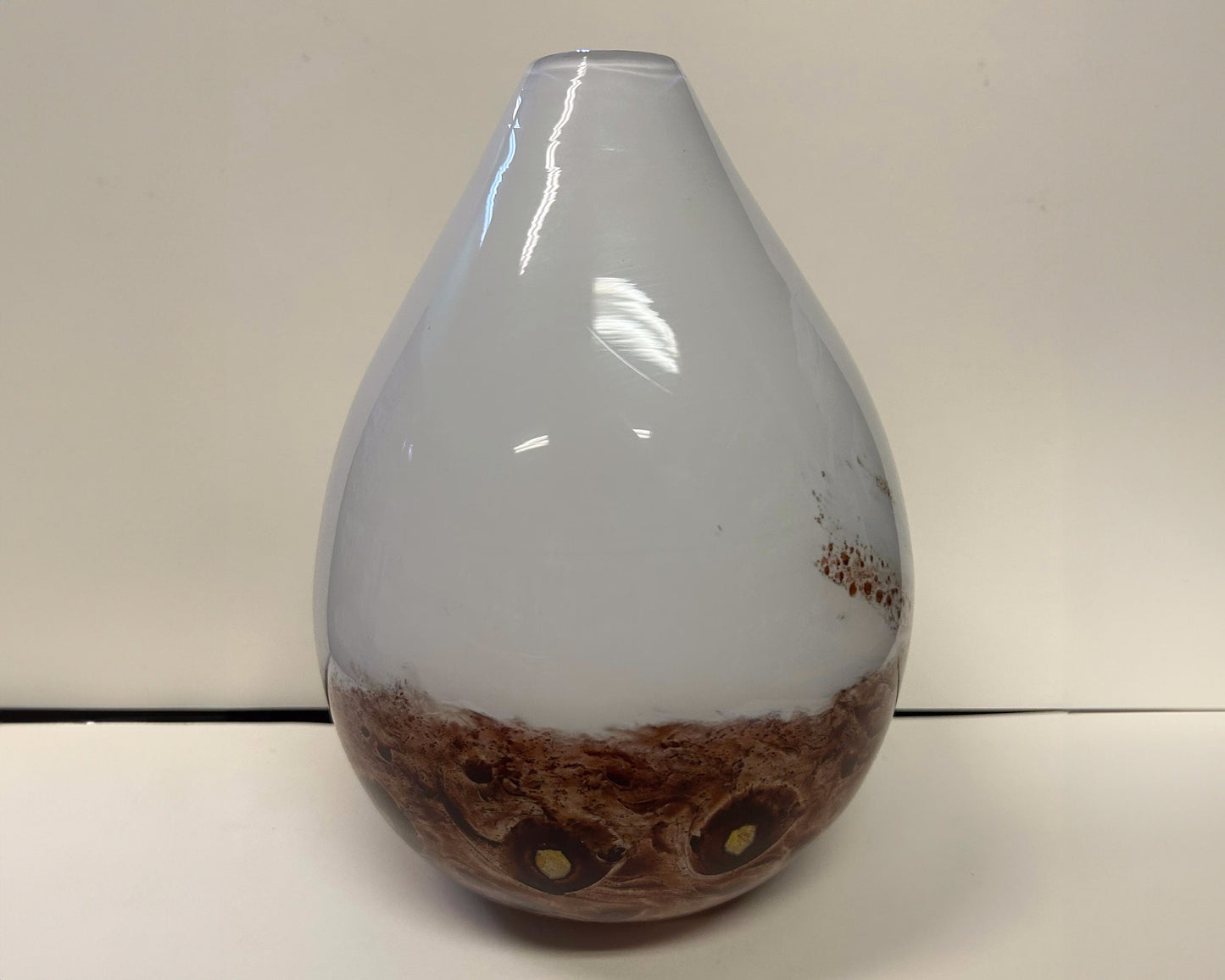 Mouthblown Glass Vase With Mottled Brown Base moving up to a slender White Top- Vintage 1970s