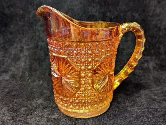 Marigold Carnival Glass Cream Pitcher With Button Diamond Pattern