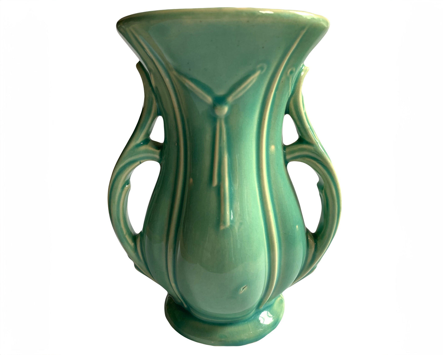 McCoy Large Vase With Knotted Tassel Design and Lovely Handles - Gloss Aqua Glaze McCoy - McCoy Bow Tie Vasert Deco