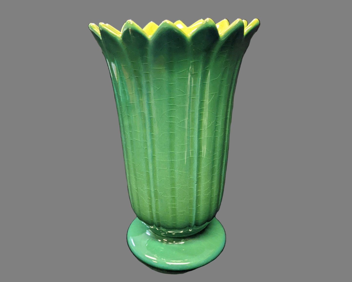 RARE Roseville Mayfair Saw tooth Green Vase with Yellow Interior- Vintage circa mide Century 1951