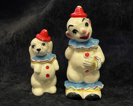 Brayton Laguna - Pottery Clown and Dog Shakers - Salt and Pepper Shakers Cold Paint Finish