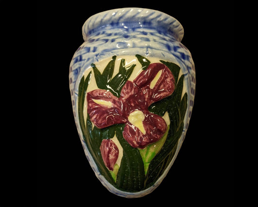 Burgundy Iris Surrounded by a Blue Basket Weave Vase - Vintage Wall Pocket Made In Japan