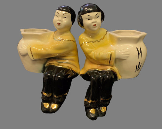 Set of Shelf Sitters with Vases  - Japanese Couple on Benchs with Vase - Vintage Ceramic Figurines