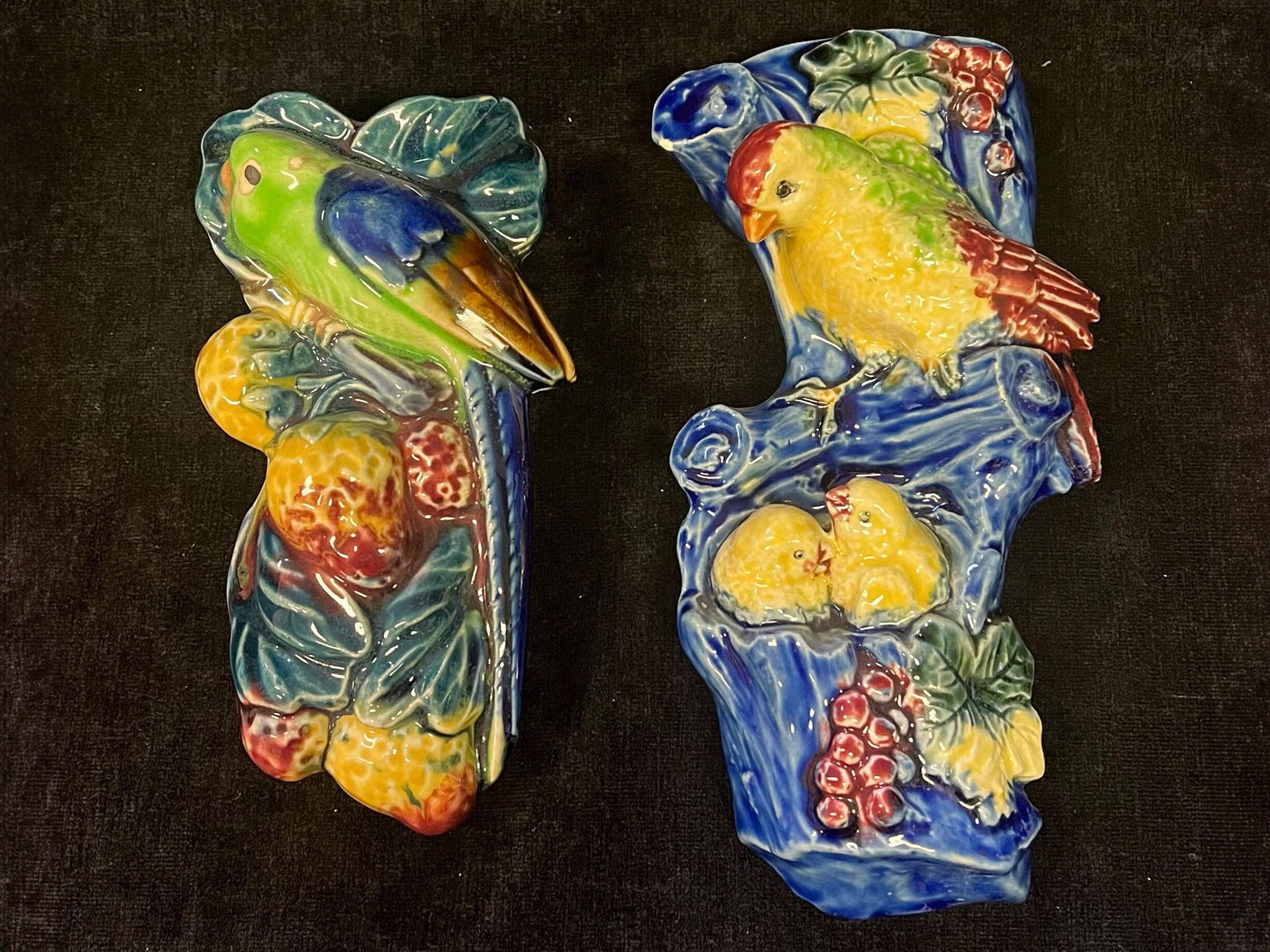 MidCentury Wall Pockets- Parakeet on Bunch of Strawberries - Colorful Finch on Blue Branch With Babies in Nest - 2 pockets, Sold Separately
