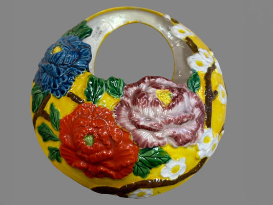 1940's Majolica Floral Hanging Pocket- Made in Japan - Bright Dynamic Colors - Hanging Porch Decoration -  Peony Blossoms on Hanging Pocket
