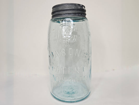Mason's Patent Nov 30th 1858 Jar With Illinois Glass Co Logo -  1906 -1914 Glass Co Logo, # 3 on bottom - RARE Aqua Fruit Jar early 1900s