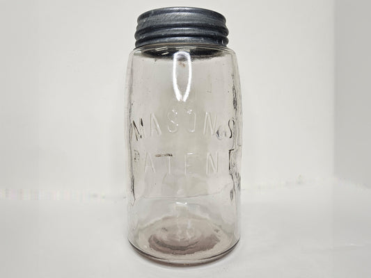 Masons Patent Jar And Lid - Mason Jar with Square Shoulders - Pale Lavender Glass Mason's Patented Canning Jar - Hard To Find Color in Qt Jar