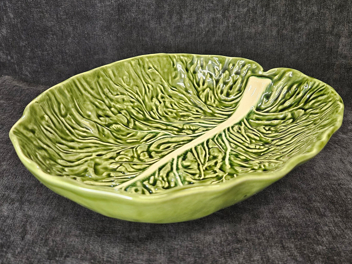 Majolica Cabbage Leaf 12" Serving Bowl- Olfaire, Made In Portugal - Oblong Majolica Cabbage Leaf - Majolica from Portugal  - MCM